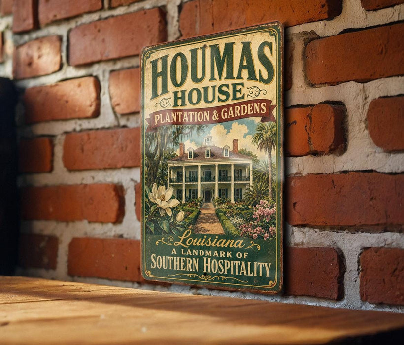A vintage-style metal sign for the Housatima House Plantation & Gardens in Louisiana, featuring a large illustration of the historic plantation house surrounded by lush greenery and flowers.