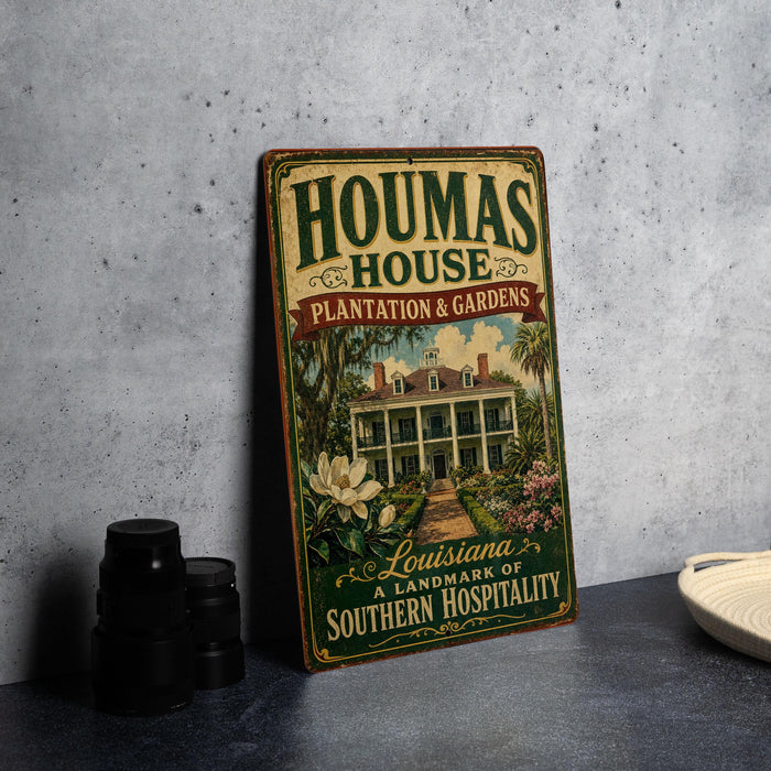 A vintage-style sign for the Housas House Plantation & Gardens in Louisiana, featuring an illustration of a large house surrounded by gardens.