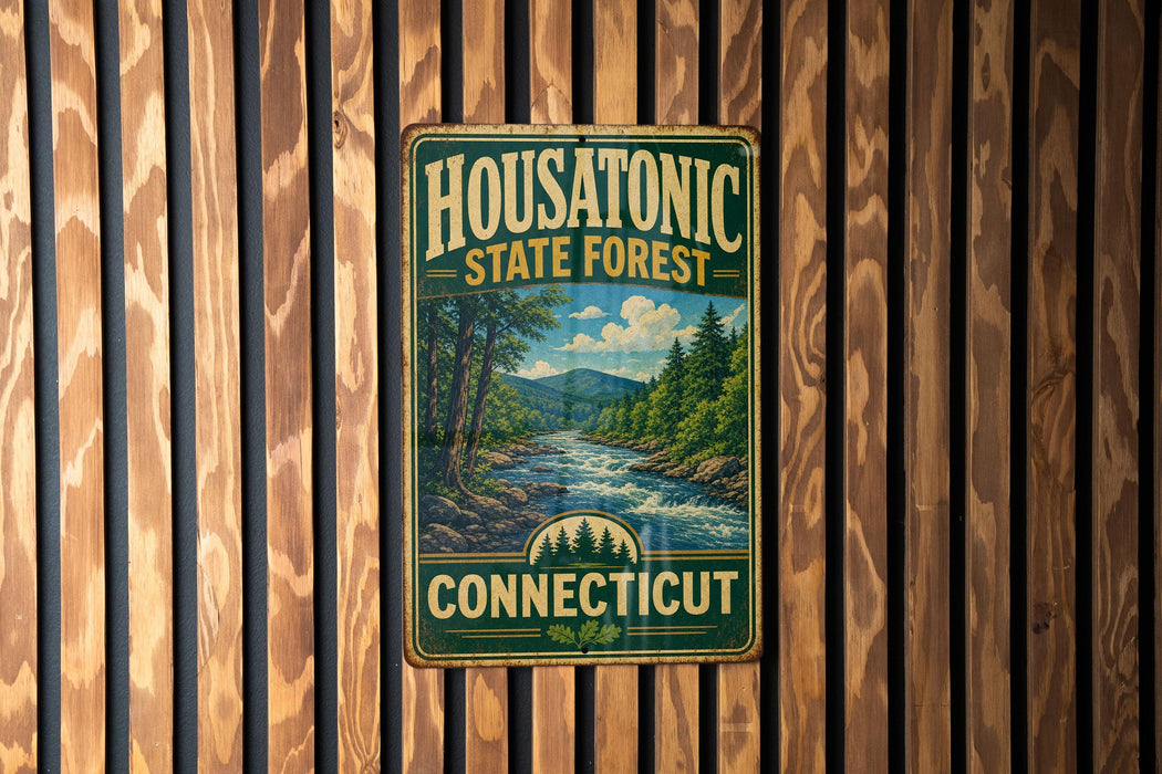 A vintage metal sign for Housatonic State Forest in Connecticut, featuring a scenic landscape with a river and pine trees.