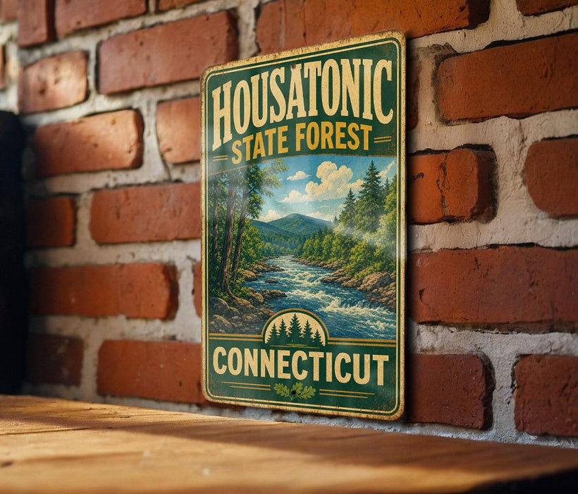 A vintage metal sign for Housatonic State Forest in Connecticut, featuring a scenic landscape with a river and pine trees.