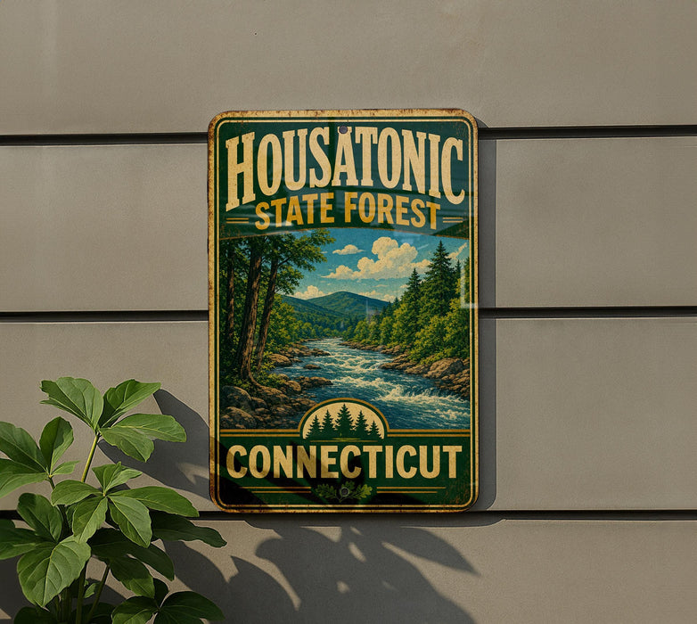 A vintage metal sign for Housatonic State Forest in Connecticut, featuring a scenic landscape with a river and pine trees.