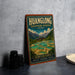 A vintage-style poster advertising the Huanglong Biosphere Reserve in China, featuring a scenic landscape with mountains, waterfalls, and a temple.