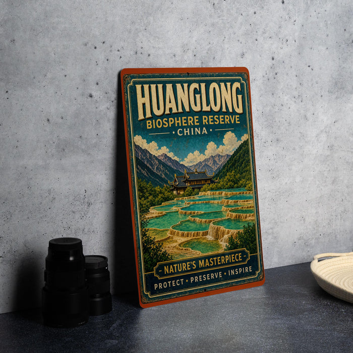 A vintage-style poster advertising the Huanglong Biosphere Reserve in China, featuring a scenic landscape with mountains, waterfalls, and a temple.