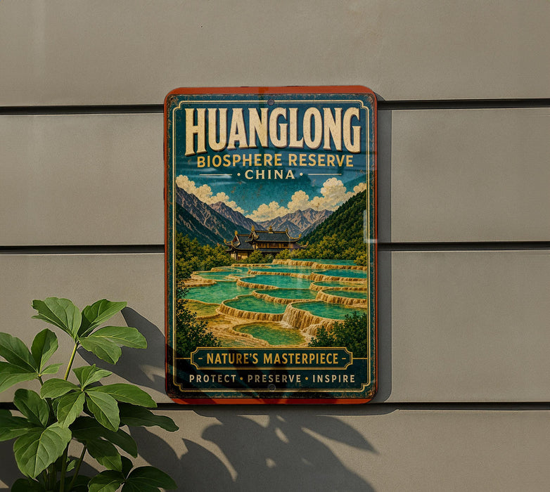 A vintage-style sign for the Huanglong Biosphere Reserve in China, featuring a scenic landscape with mountains, waterfalls, and traditional Chinese architecture.