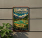 A vintage-style sign for the Huanglong Biosphere Reserve in China, featuring a scenic landscape with mountains, waterfalls, and traditional Chinese architecture.