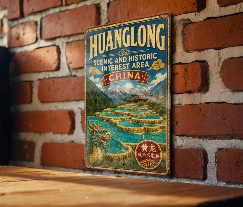 A vintage-style metal sign for the scenic and historic area of Huanglong, China, featuring a dragon and a waterfall.
