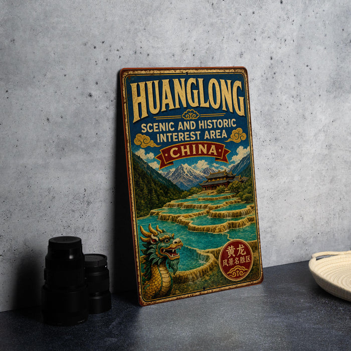 A vintage-style poster advertising the scenic and historic interest area of China, featuring a dragon and mountains in the background.