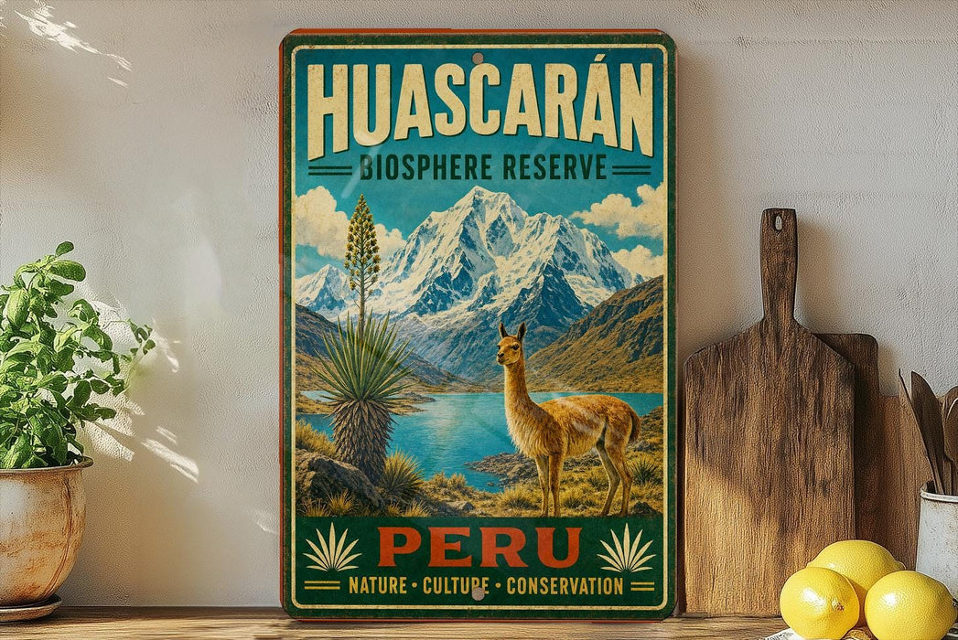 A vintage-style poster advertising Huascaran Biosphere Reserve in Peru, featuring a llama and a mountainous landscape.