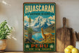 A vintage-style poster advertising Huascaran Biosphere Reserve in Peru, featuring a llama and a mountainous landscape.