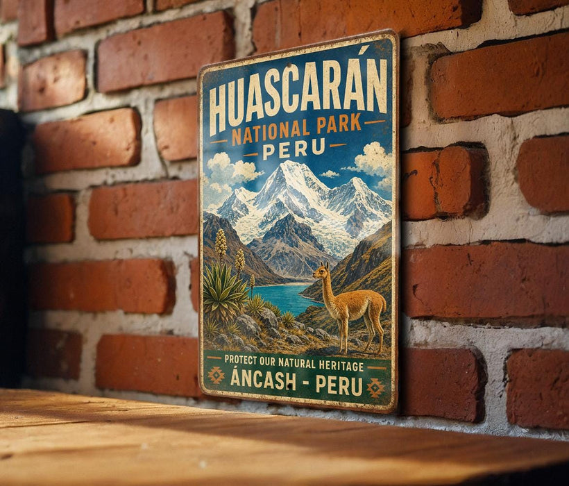 A vintage-style metal sign for Huascaran National Park in Peru, featuring a mountain landscape with a llama in the foreground.