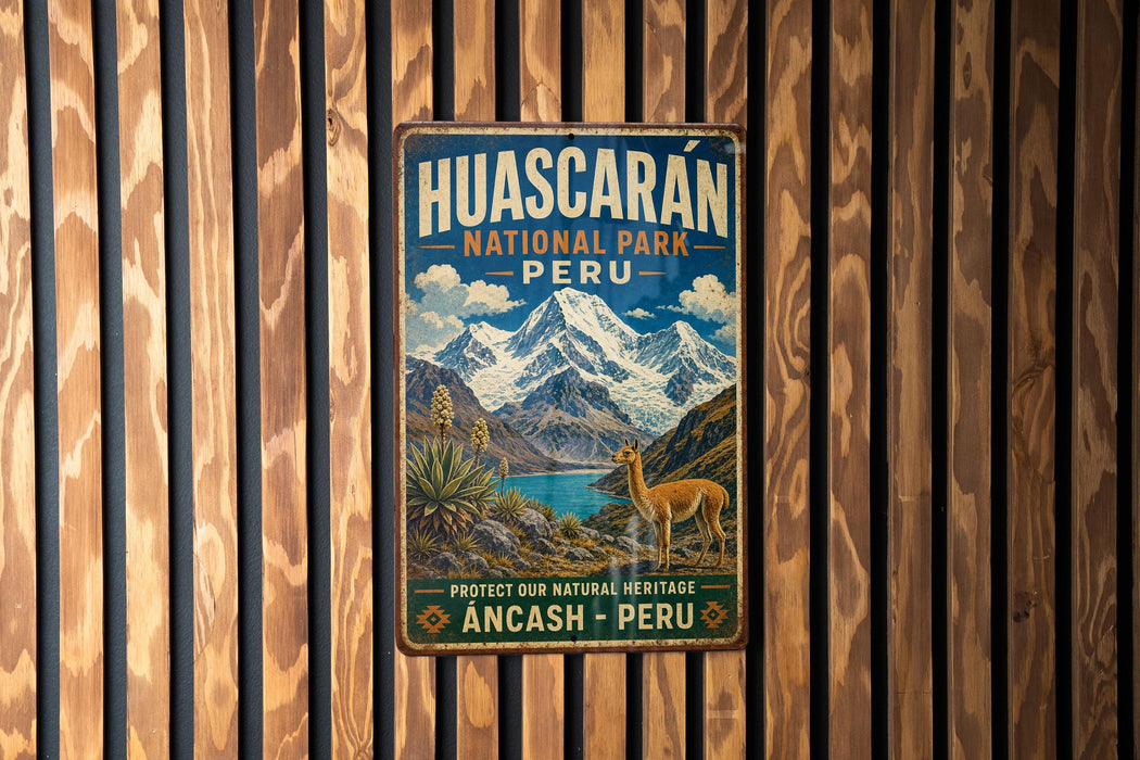 A vintage-style metal sign for Huascaran National Park in Peru, featuring a mountain landscape with a llama and text promoting the park's natural heritage.