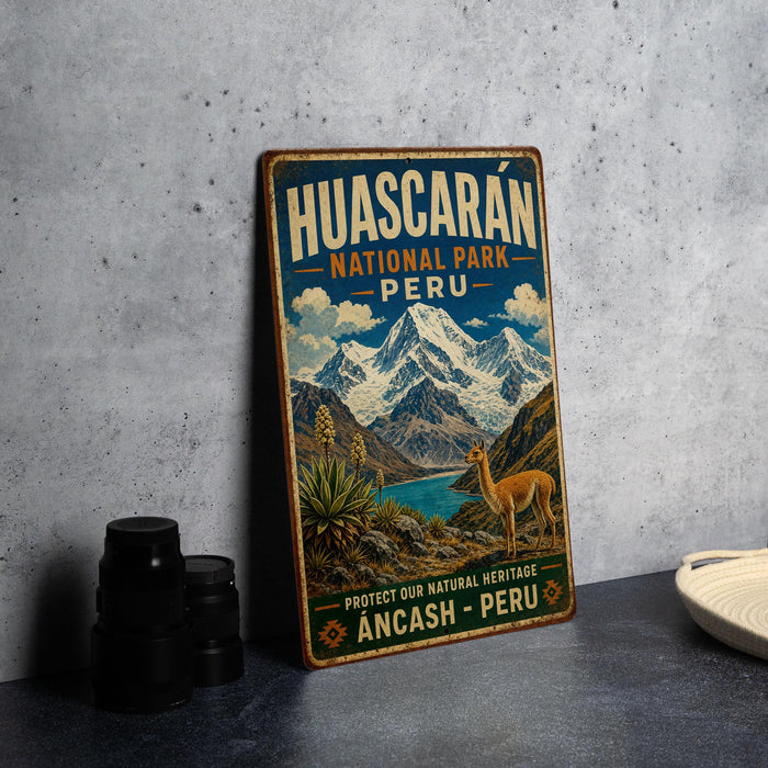 A vintage-style metal sign for Huascaran National Park in Peru, featuring a mountain landscape and a llama.