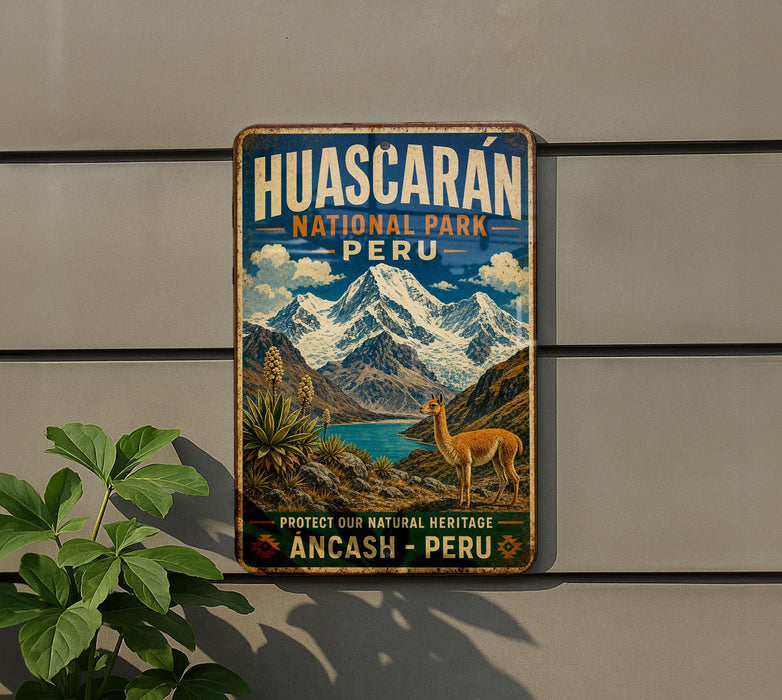A vintage-style metal sign for Huascaran National Park in Peru, featuring a mountain landscape with a llama and text promoting the protection of natural heritage.