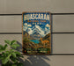 A vintage-style metal sign for Huascaran National Park in Peru, featuring a mountain landscape with a llama and text promoting the protection of natural heritage.