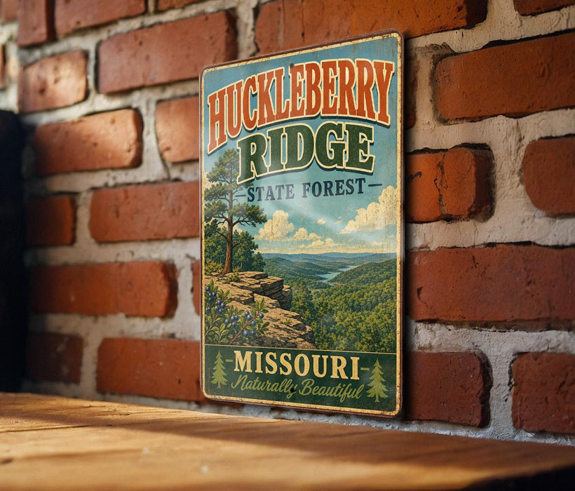 A vintage-style metal sign for Huckleberry Ridge State Forest in Missouri, featuring a scenic landscape with a mountain and a river.