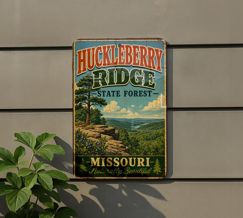 A vintage-style metal sign for Huckleberry Ridge State Forest in Missouri, featuring a scenic landscape with a mountain, trees, and a river.