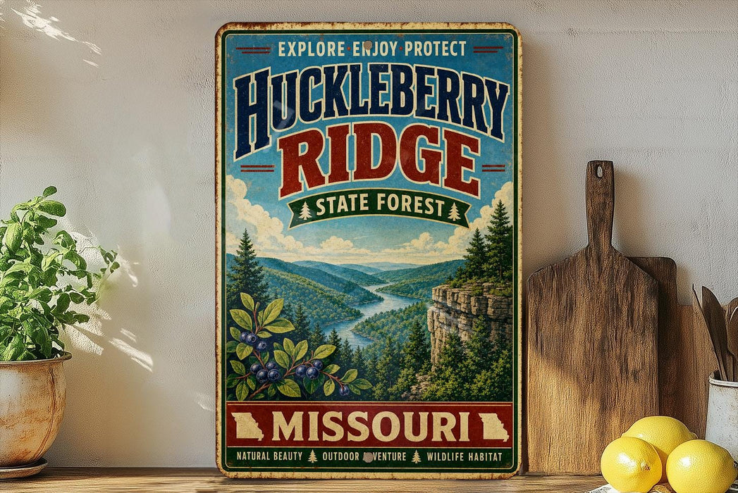 A vintage-style metal sign for Huckleberry Ridge State Forest in Missouri, featuring a scenic mountain landscape with a river and pine trees.