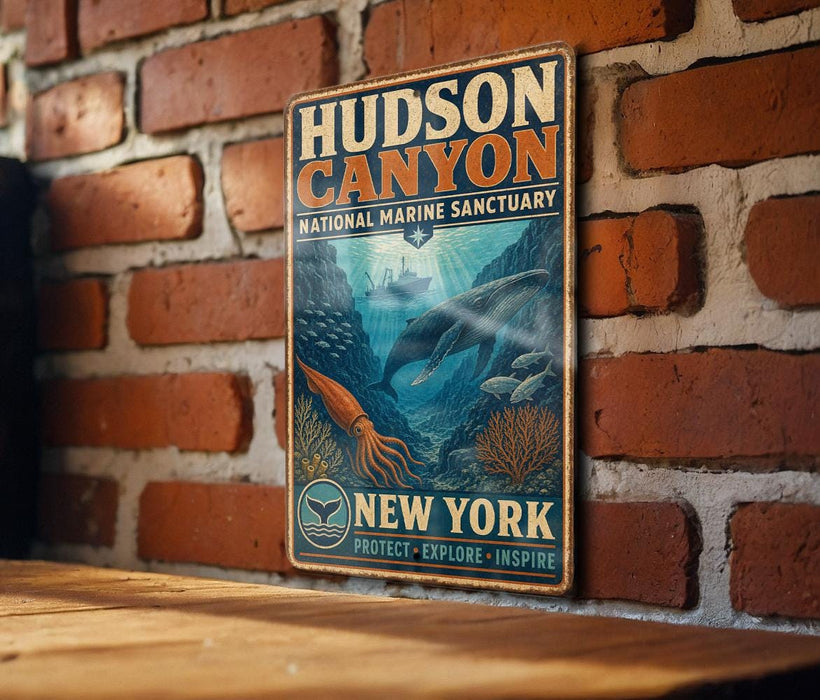 A vintage-style metal sign for Hudson Canyon National Marine Sanctuary, featuring an illustration of underwater marine life and the text "Hudson Canyon National Marine Sanctuary" and "New York".