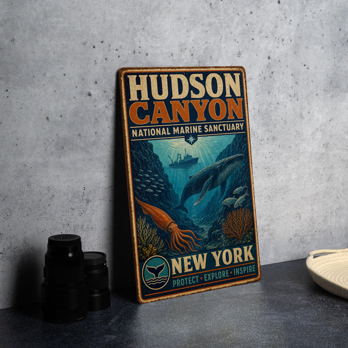 A vintage-style metal sign for Hudson Canyon National Marine Sanctuary, featuring illustrations of marine life and the text "New York" and "Inspire".