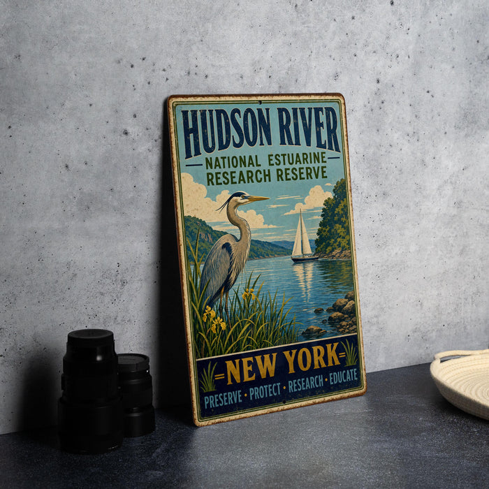 A vintage-style sign for the Hudson River National Estuarine Research Reserve in New York, featuring a seagull and a sailboat on the water.