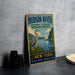 A vintage-style sign for the Hudson River National Estuarine Research Reserve in New York, featuring a seagull and a sailboat on the water.