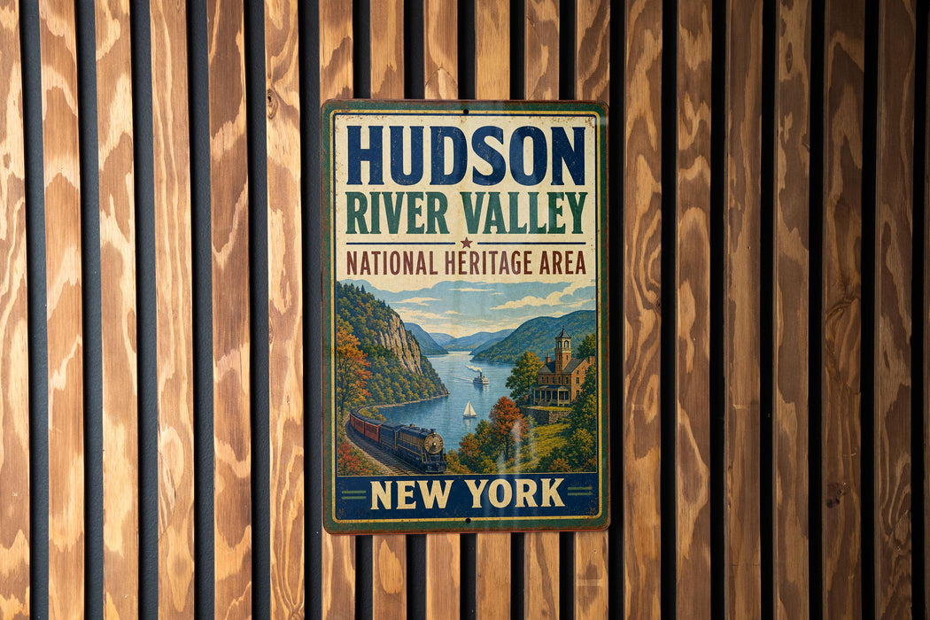 A vintage-style sign for the Hudson River Valley National Heritage Area in New York, featuring a scenic illustration of the river valley with mountains, buildings, and a train.