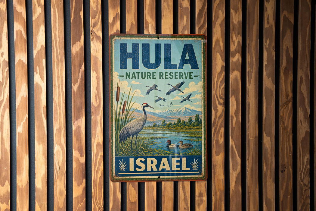 A vintage metal sign for the Hula Nature Reserve in Israel, featuring a bird illustration and the text "Hula Nature Reserve Israel".