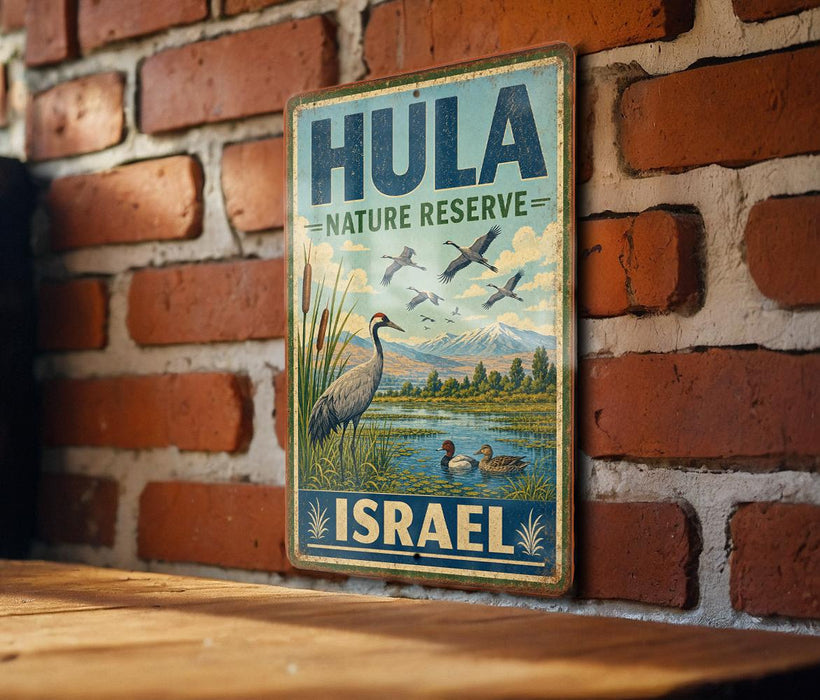A vintage-style metal sign with the text "HULA NATURE RESERVE ISRAEL" is displayed on a brick wall.