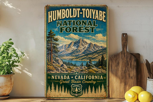 A vintage-style poster advertising Humboldt-Toiyabe National Forest in Nevada, California, with a mountain landscape and pine trees.