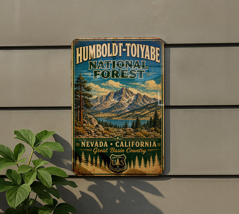 A vintage-style metal sign for the Humboldt-Toiyabe National Forest, featuring a mountain landscape and pine trees.