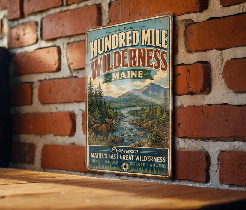 A vintage-style metal sign advertising the Hundred Mile Wilderness in Maine, featuring a scenic landscape with a moose and mountains in the background.