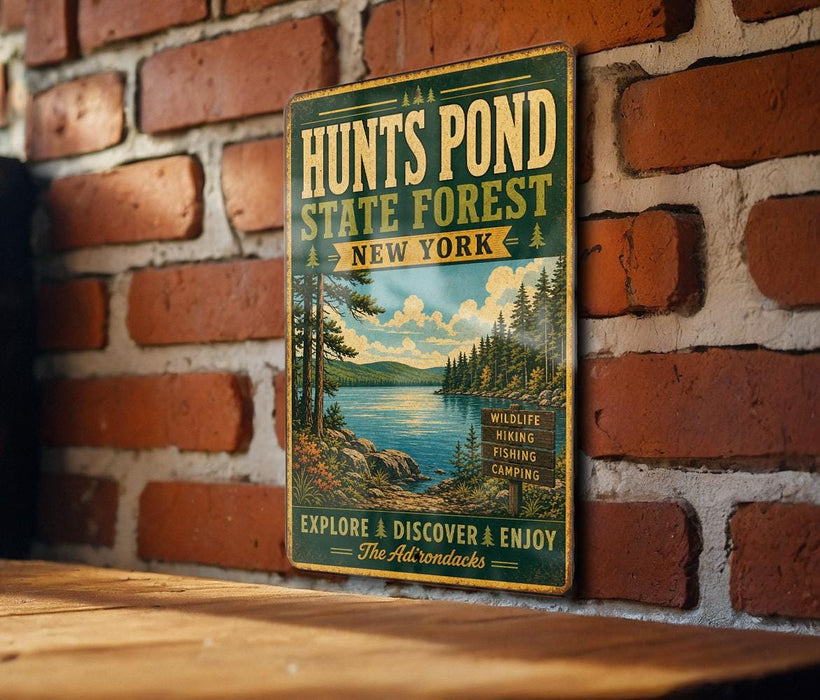 A vintage-style metal sign for "Hunts Pond State Forest New York" is displayed on a brick wall, featuring a scenic landscape with a lake and pine trees.