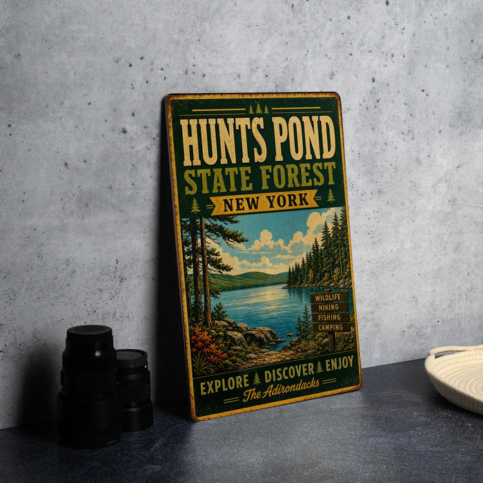 A vintage-style metal sign for "Hunts Pond State Forest New York" is displayed on a gray countertop, with a stack of black camera lenses and a white dish visible to the side.