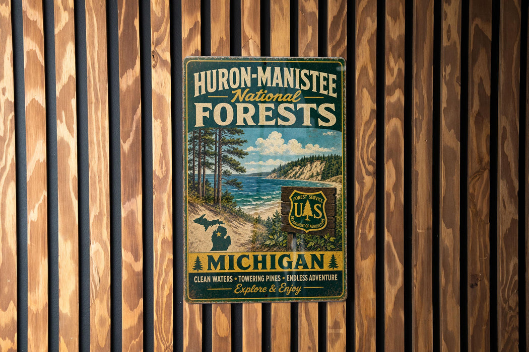 A vintage metal sign for Huron-Manistee National Forests, featuring a scenic image of a forest and a lake, mounted on a wooden wall.