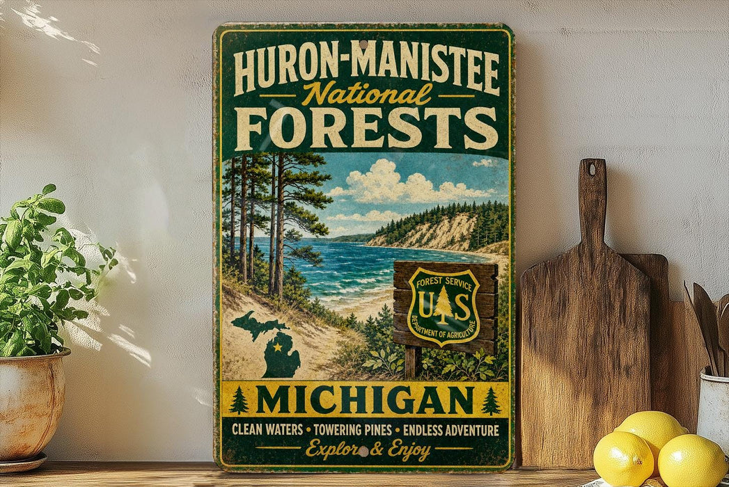 A vintage-style metal sign for Huron-Manistee National Forests, featuring a scenic landscape with pine trees, a lake, and mountains.