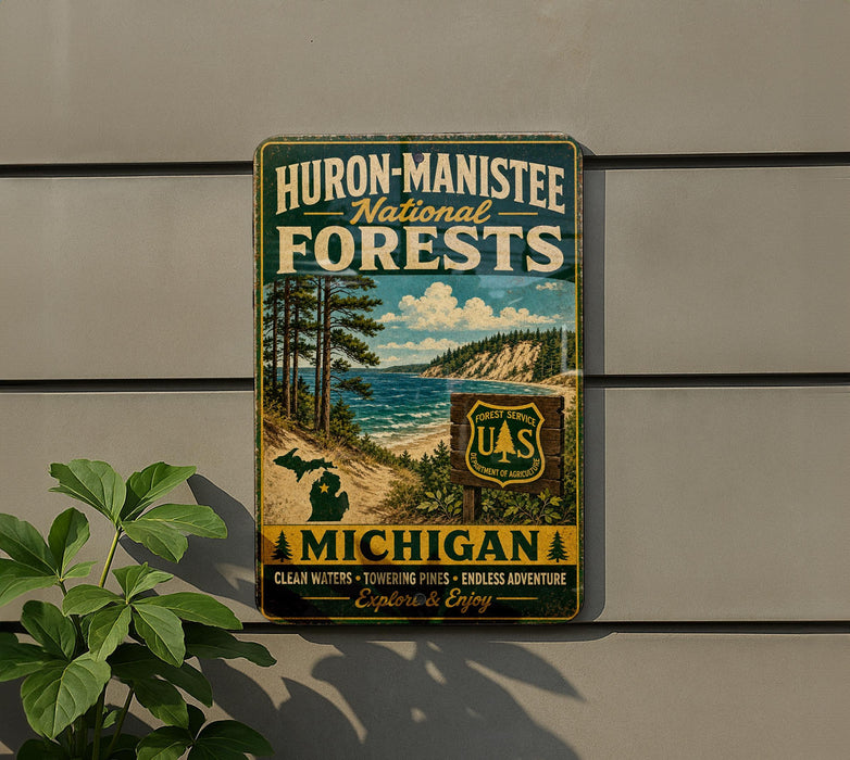 A vintage metal sign for Huron-Manistee National Forests in Michigan, featuring a scenic landscape with pine trees, a lake, and mountains.