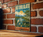 a vintage-style metal sign with a scenic illustration of a lake, a boat, and a bird, mounted on a brick wall.
