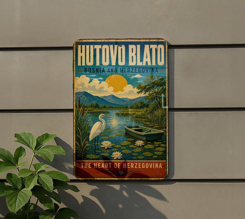 a vintage-style poster of a serene landscape with a boat on a lake, surrounded by mountains and a crane.