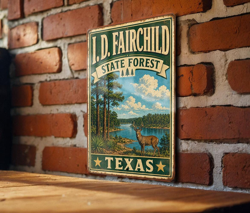 A vintage metal sign for the I.D. Fairchild State Forest in Texas, featuring a scenic illustration of a forest and a deer.
