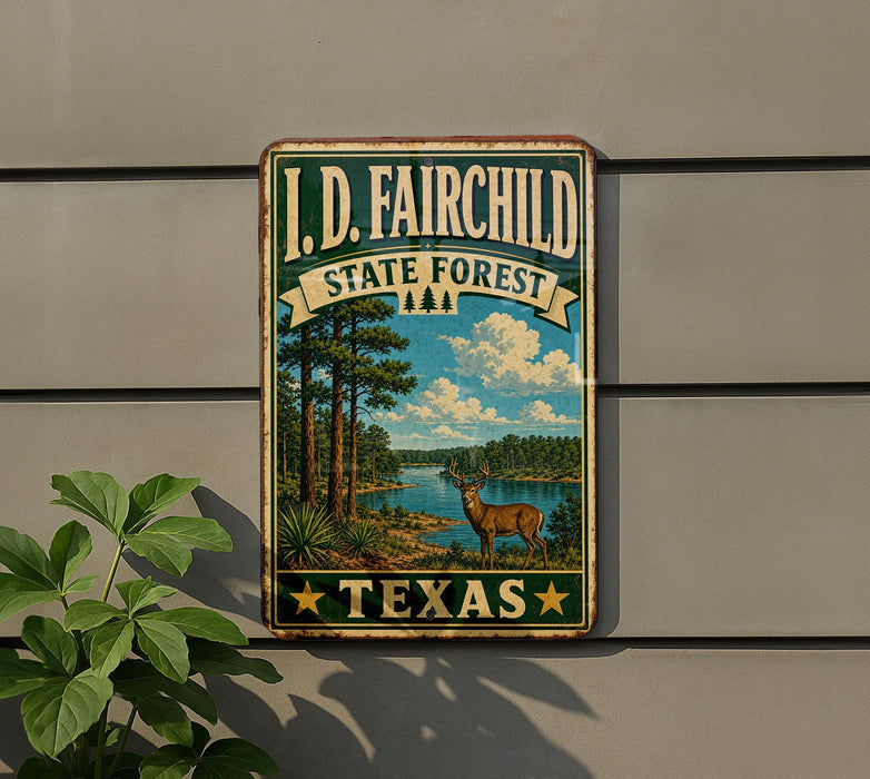 A vintage-style metal sign for the I.D. Fairchild State Forest in Texas, featuring a scenic landscape with a deer and a lake.