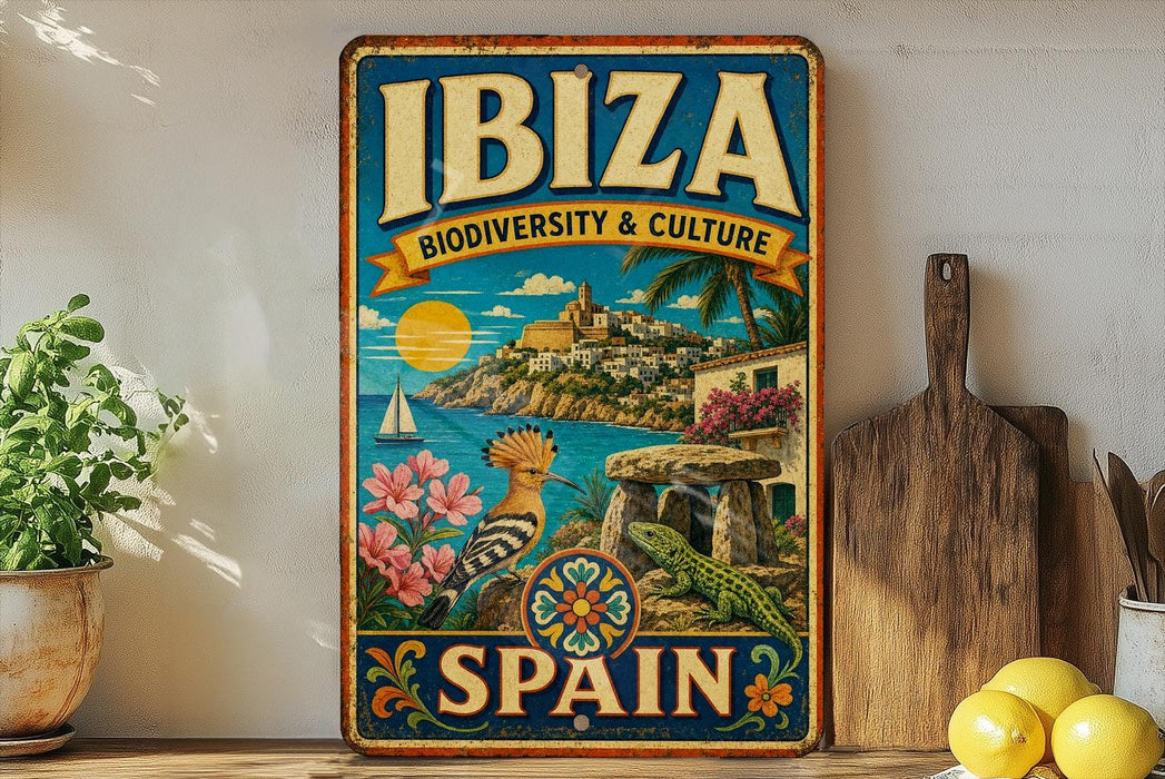 A vintage-style metal sign with a colorful illustration of a coastal town in Ibiza, Spain, featuring a castle, palm trees, and a sailboat.