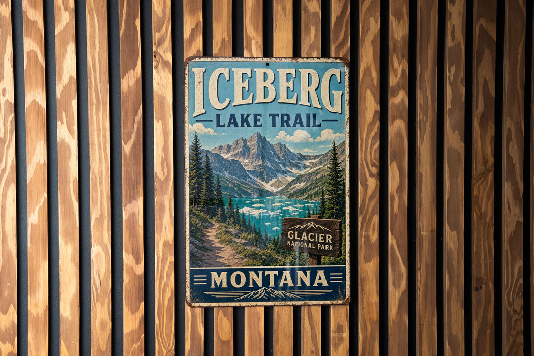 A vintage-style metal sign for the Iceberg Lake Trail in Glacier National Park, Montana, featuring a scenic mountain landscape.