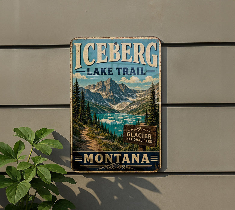 A vintage-style sign for the Iceberg Lake Trail in Glacier National Park, Montana, featuring a scenic mountain landscape with a lake in the background.