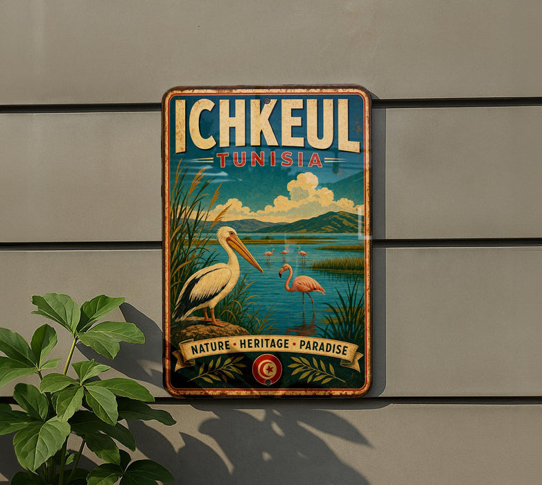 A vintage-style metal sign with a bird illustration and text, mounted on a wall next to a plant.