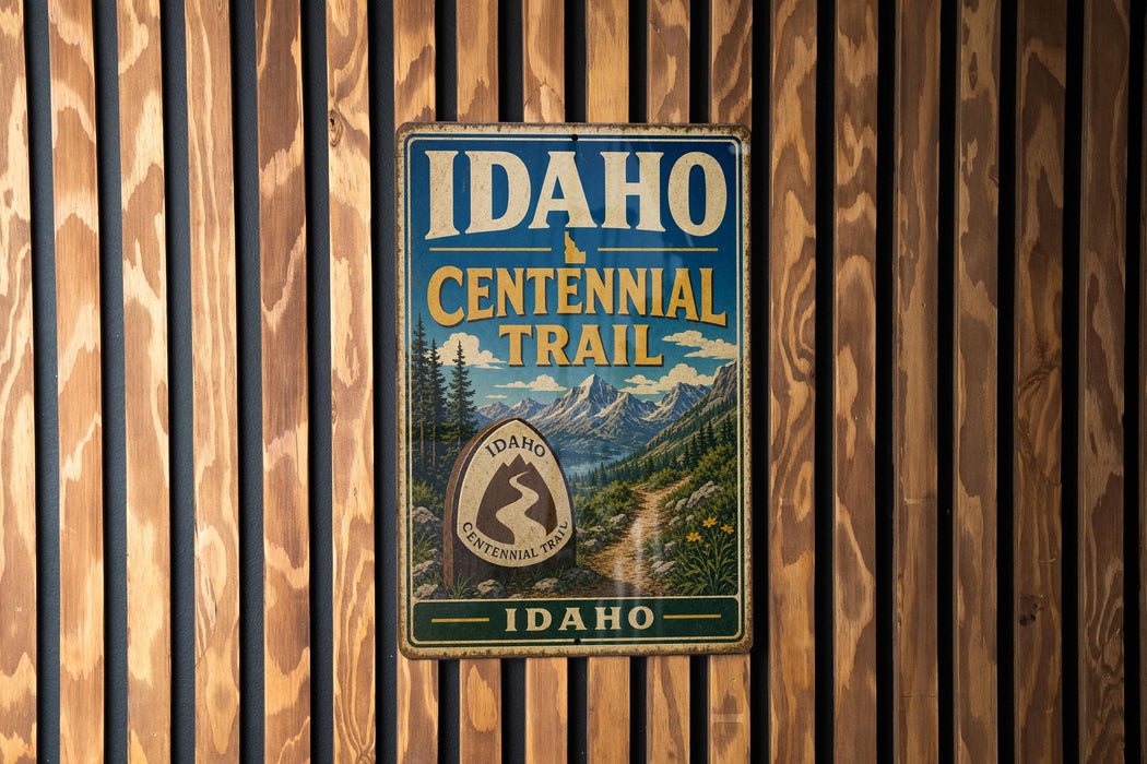 A vintage metal sign for the Idaho Centennial Trail, featuring a mountain landscape and the text "Idaho Centennial Trail" prominently displayed.
