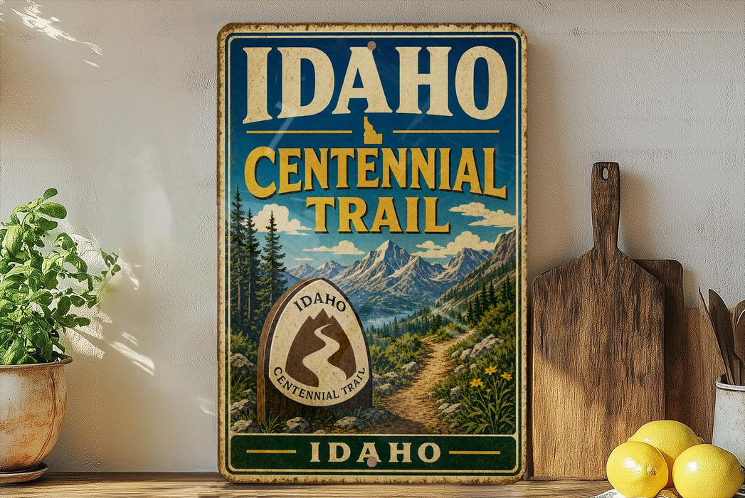 A vintage-style sign for the Idaho Centennial Trail, featuring a mountain landscape and the text "Idaho Centennial Trail" prominently displayed.