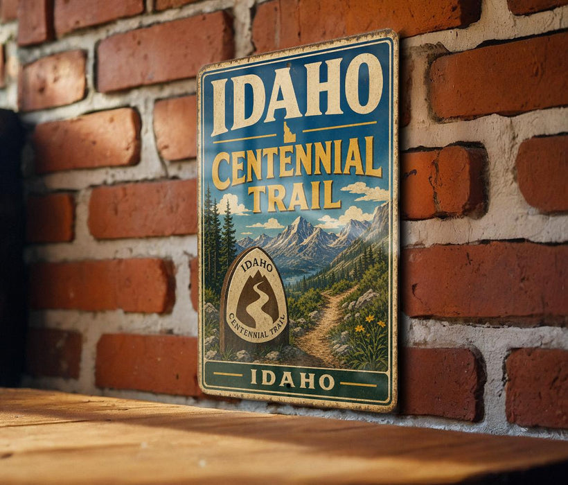 A vintage-style metal sign for the Idaho Centennial Trail is displayed on a brick wall.