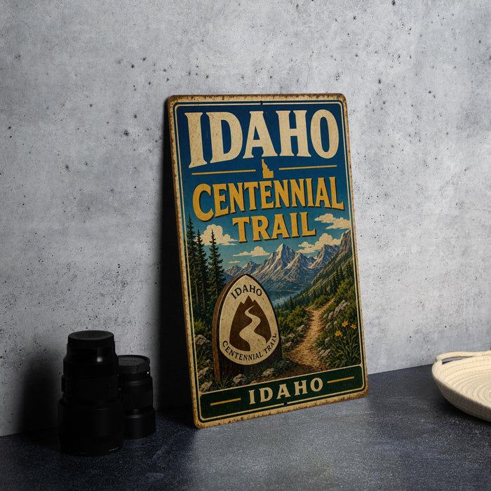 A vintage-style sign for the Idaho Centennial Trail, featuring a mountain landscape and the text "IDAHO CENTENNIAL TRAIL" prominently displayed.