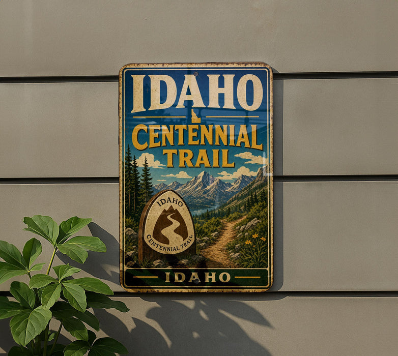 A vintage-style sign for the Idaho Centennial Trail, featuring a mountain landscape and the text "Idaho Centennial Trail" prominently displayed.