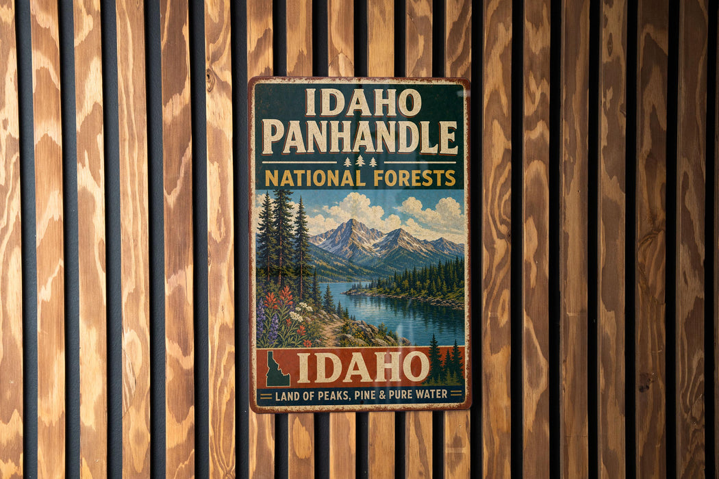 A vintage-style metal sign for Idaho Panhandle National Forests, featuring a scenic landscape with mountains, pine trees, and a lake.